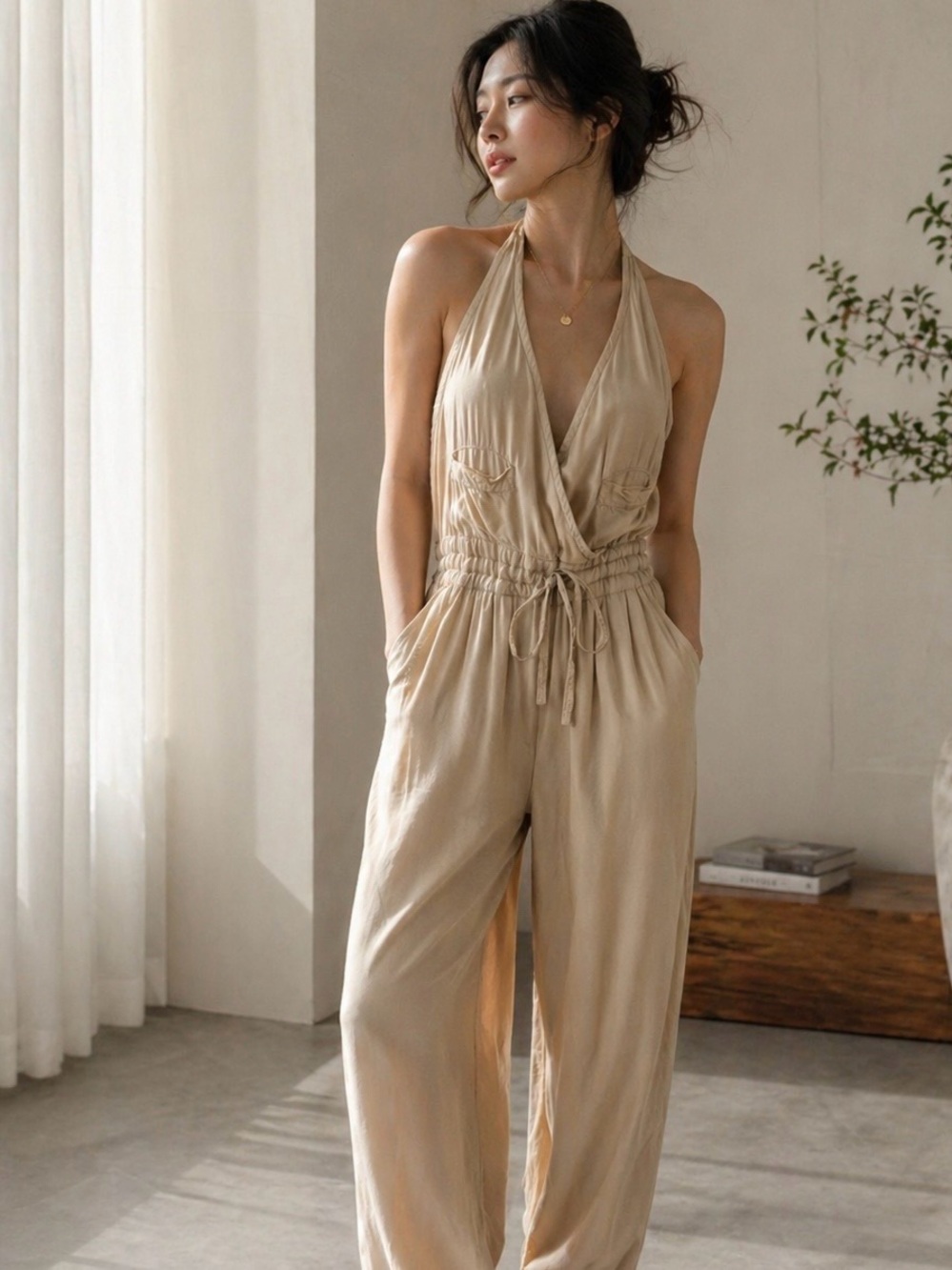 Adam et Ropé Light Peach Halter Neck Breezy Jumpsuit Size 38 = Size Small